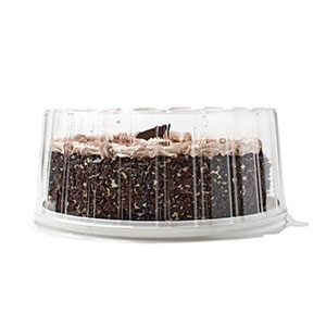 clear plastic bakery container with a cake in it