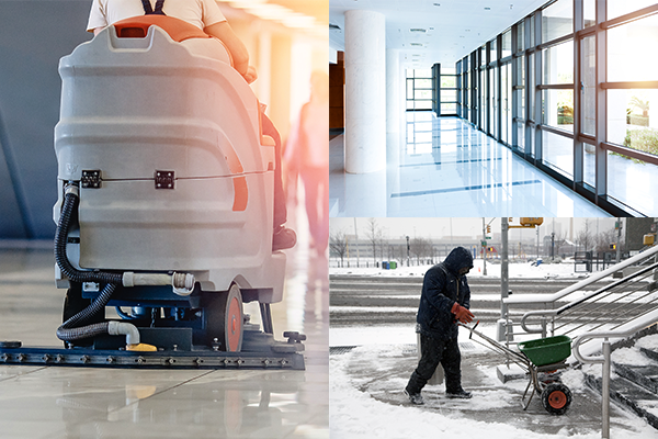 A collage of photos of floor scrubber, a nice building lobby and a maintenance salting entry way in snow