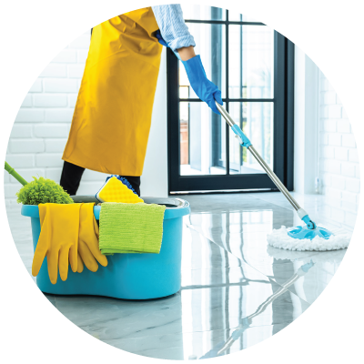 custodian wiping the floor with mop