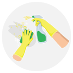hands wearing yellow gloves disinfecting surface with safe chemical