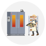 Illustration of cook using commercial oven