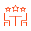 A table with two chairs with three stars on top icon