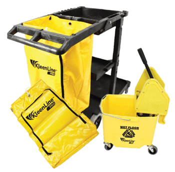 An image of KleenLine Pro janitor cart, bag and mob bucket in yellow