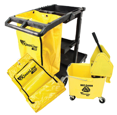 An image of KleenLine Pro janitor cart, bag and mob bucket in yellow