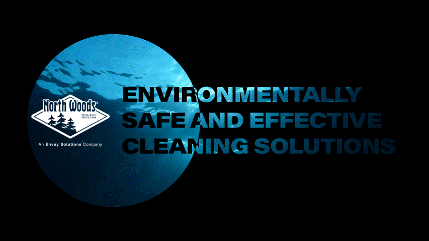 Ocean video in the background with environmentally safe and effective cleaning solution on the front with North Woods logo