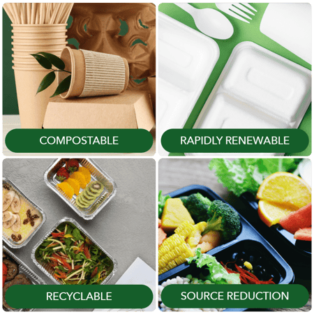 4 SQUARES of images howing sustainable foodservice packagings