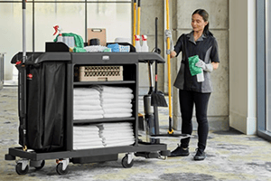 hotel housekeeping with cleaning cart