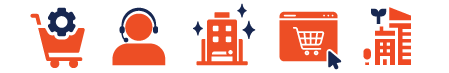 a collection of icons - shopping cart with gear, customer service person, sparkling building, ecommerce screen and sustainable solutions for hospitality