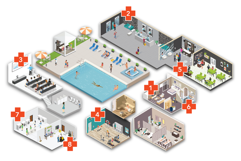 Isometric of different areas of hotel