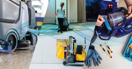 A montage of floor scrubber, vacuum, cleaning cart and service for janitorial staff