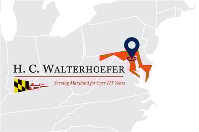 A US map showing HC Walterhoefer location in MD with logo