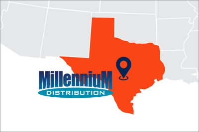 A map showing Texas where Millennium Distribution is located with a logo and legend