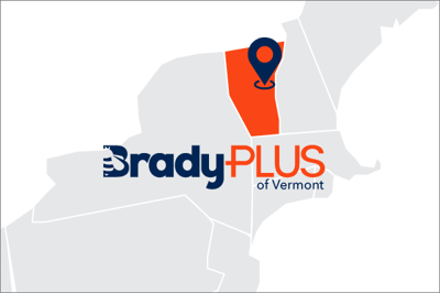 US map showing Vermont where BradyPLUS of Vermont resides with their logo