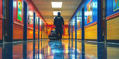 A school custodian cleaning the floor