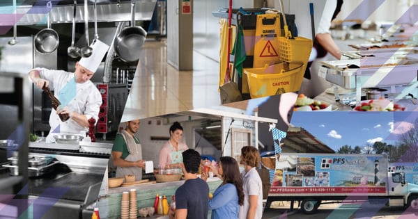A montage of image in various types of foodservice facilities and a flatbed truck for delivery with PFS logo on it