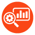 results icon - magnifying glass with gear inside over chart in a monitor