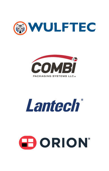 packaging equipment supplier logos, Wulftec, Combi, Lantech and Orion packaging equipment supplier logos, Wulftec, Combi, Lantech and Orion