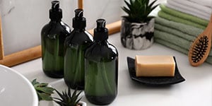 body wash and bar soap at the hotel room