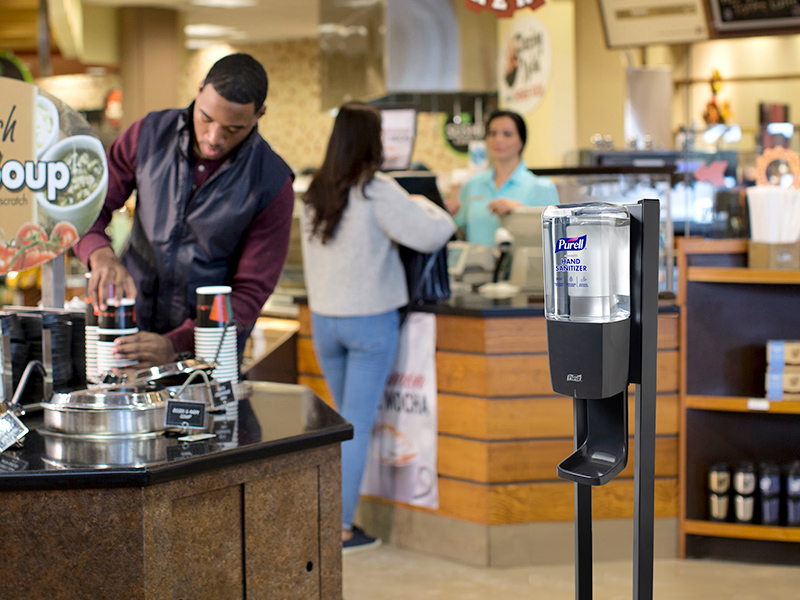 PURELL hand sanitizer stand at the coffee shop