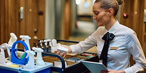hospitality house keeping staff checking room cleaning cart for inventory