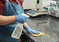 kitchen staff sanitizing countertop