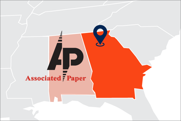 A map highlighted Georgia and Alabama with Associated Paper locations with logo and a legend
