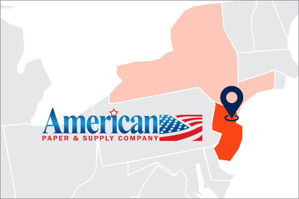 A location map of American Paper and Supply in NJ with NY and CT colored for coverage