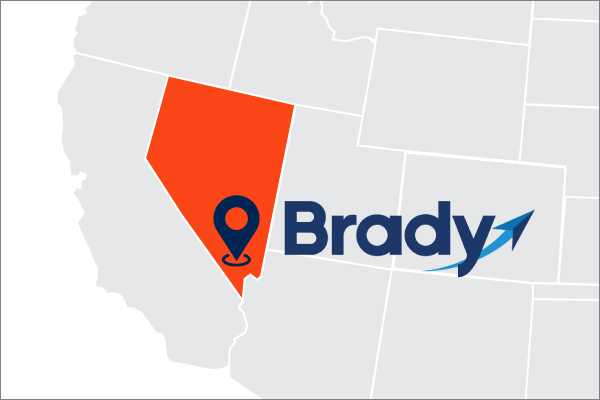 A US map showing Brady location in Nevada with logo