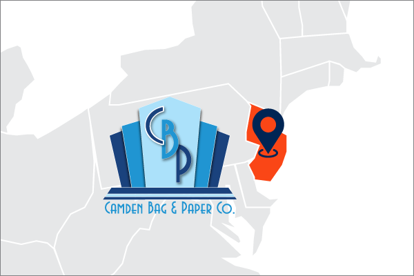 A map showing Camden Bag location in New Jersey with their logo on top
