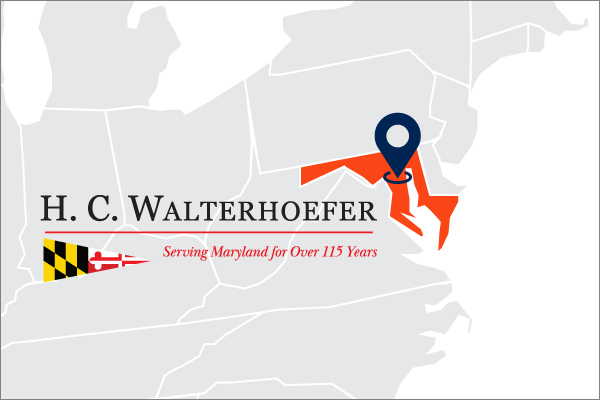 A US map showing HC Walterhoefer location in MD with logo