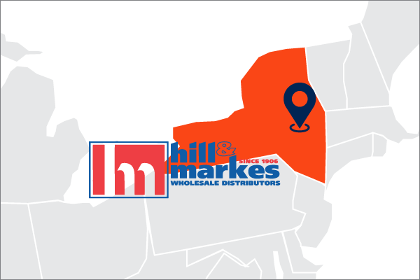 A map showing Hill & Markes location in NY highlighted in orange with Hill & Markes logo in it