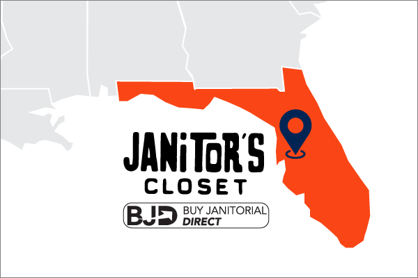 a map showing Janitor's Closet location in Florida along with their logo
