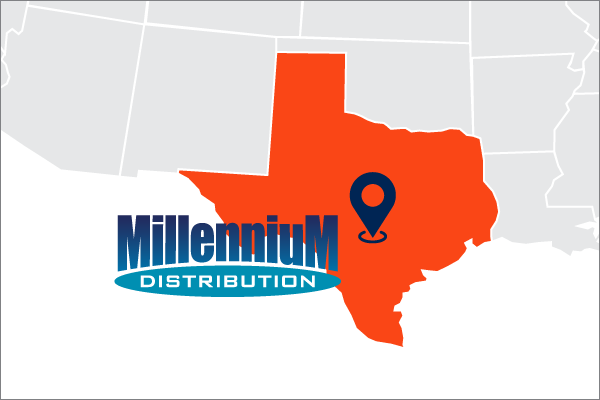 A map showing Texas where Millennium Distribution is located with a logo and legend