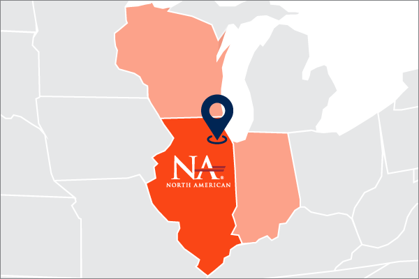 North American foot print on a map highlighting IL, WI and IN