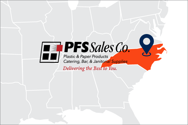 A US map showing PFS Sales Co. location in NC with their logo