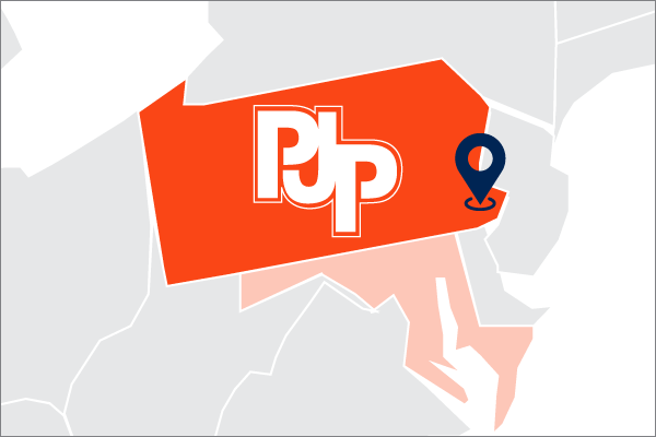A map showing where PJP is located in Pennsylvania and Maryland with its logo