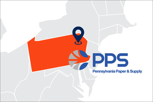 A US map showing Pennsylvania Paper's location in Pennsylvania with their logo