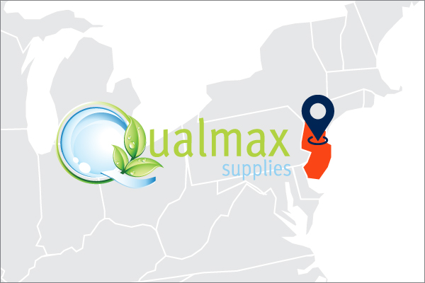 A US map showing NJ where Qualmax is located along with a logo