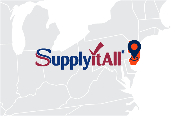 US map showing SupplyItAll location in New Jersey with their logo