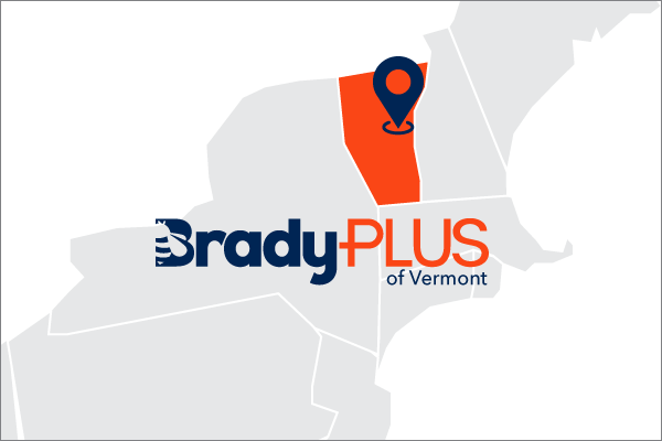 US map showing Vermont where BradyPLUS of Vermont resides with their logo